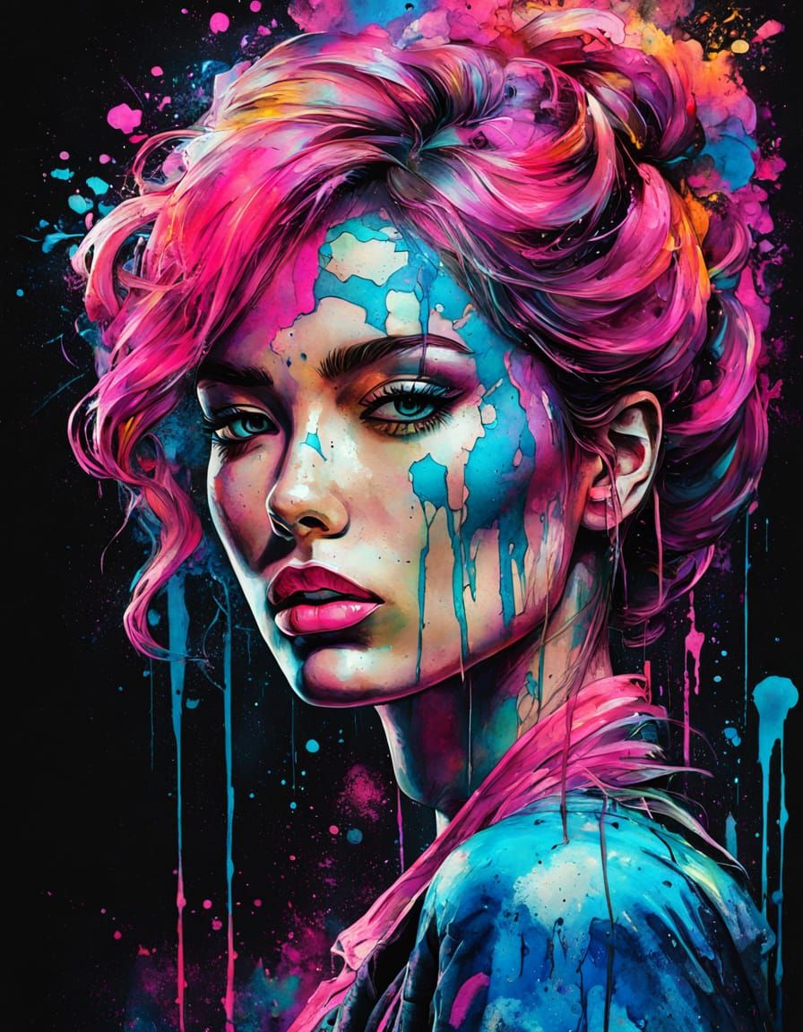 Neon Retro Model in Alcohol Ink Graffiti Art