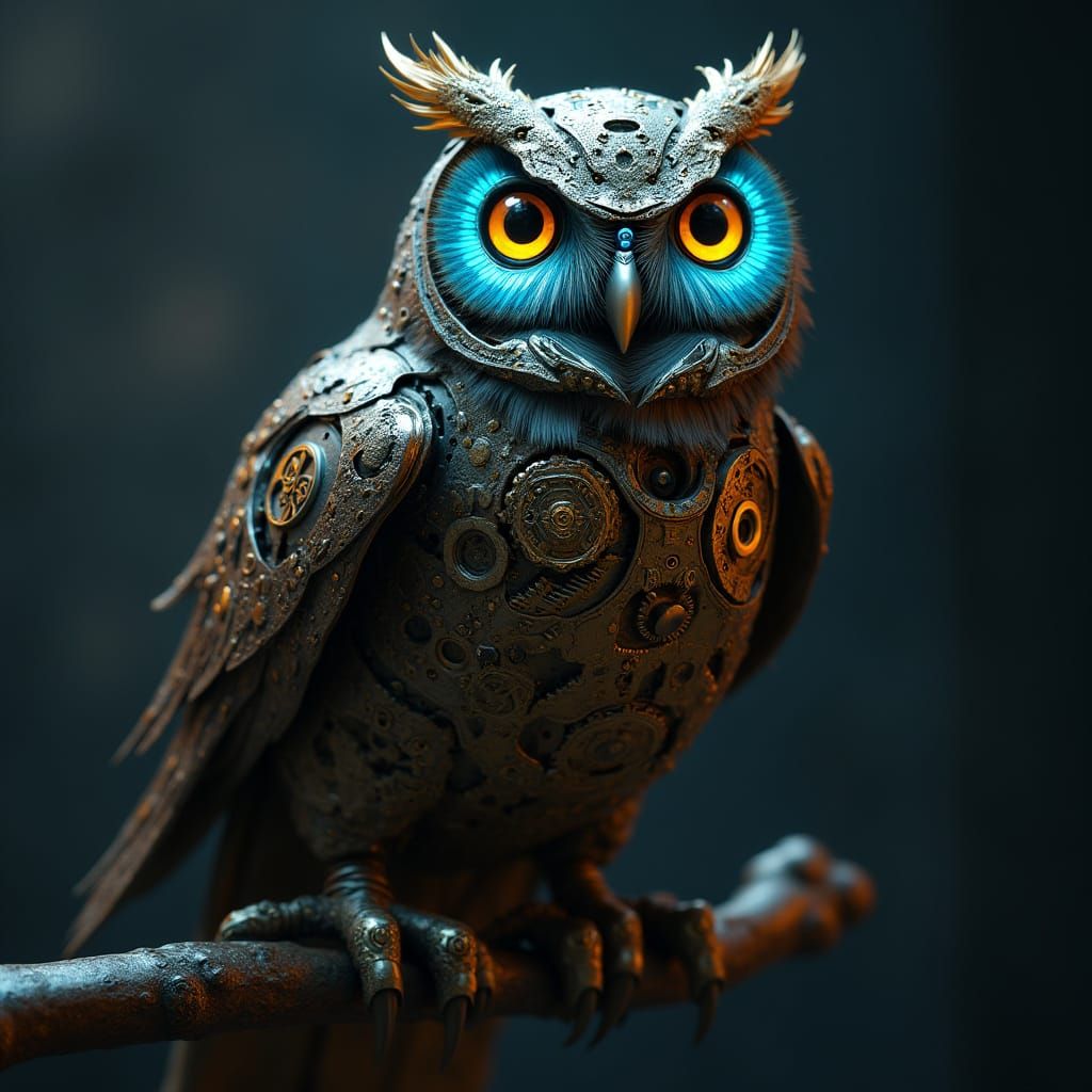 Steampunk Biomechanical Owl with Glowing Eyes