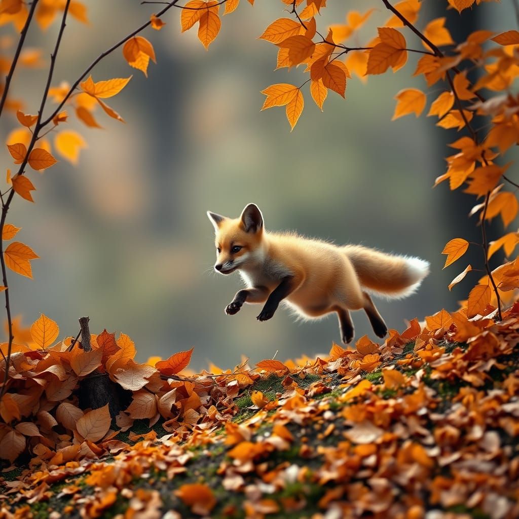 Baby Fox Leaping in Autumn Leaves