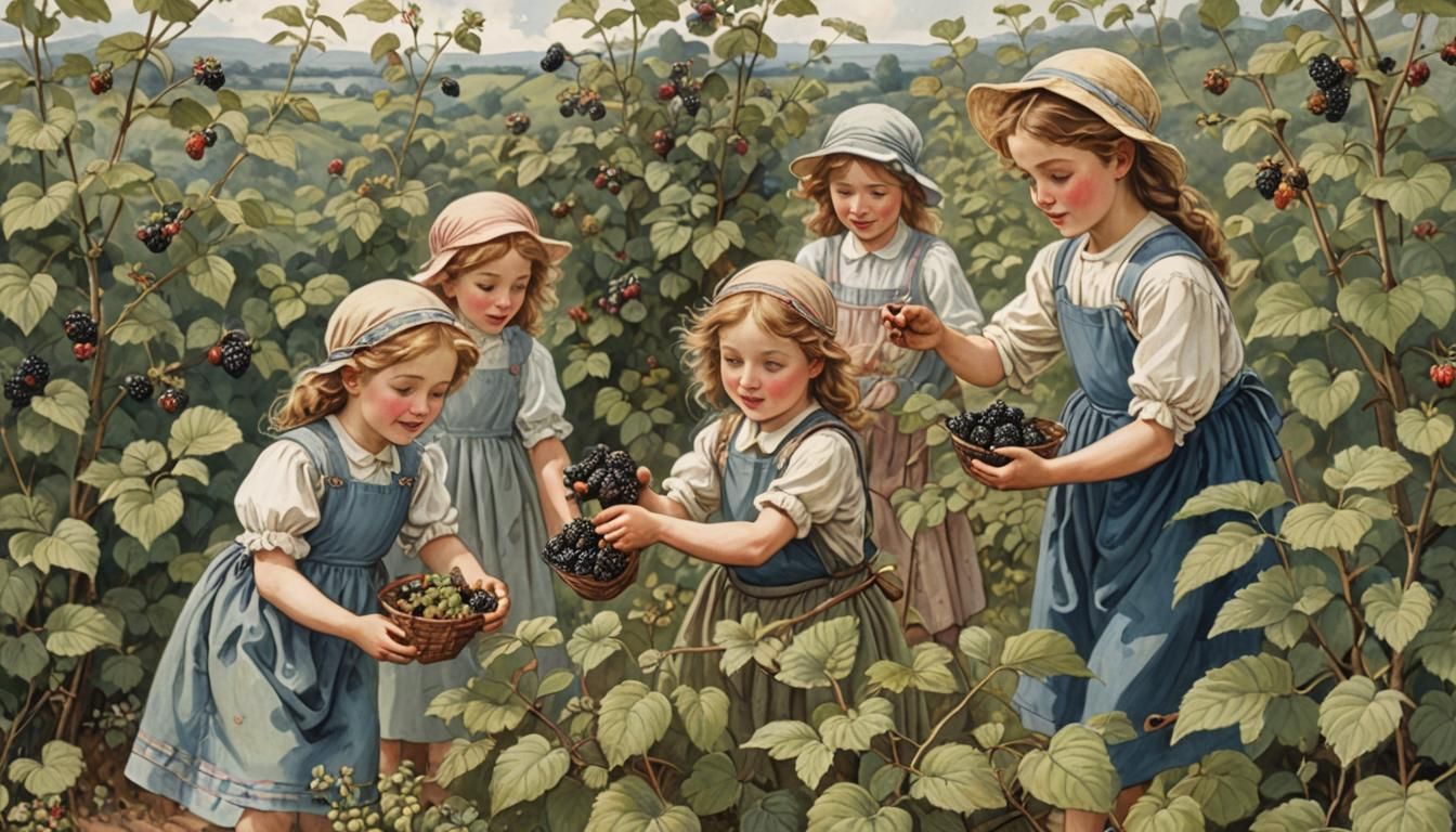 Children Picking Blackberries in Flower Fairy Style