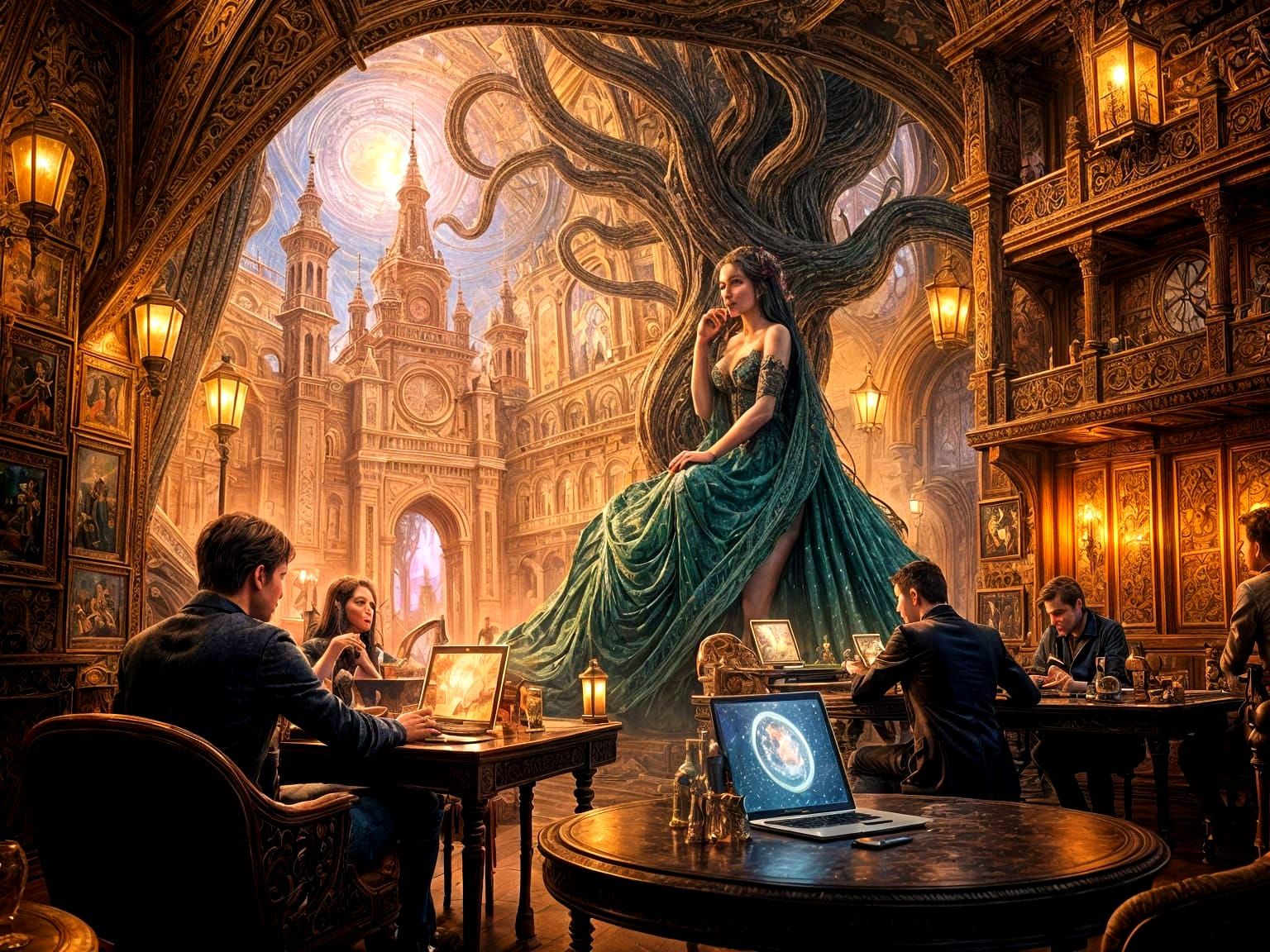 Surreal Night Scene with Bohemian Cafe in Cyberpunk Style