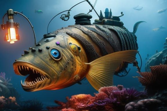 Steampunk Anglerfish in Coral Reef, Digital Art