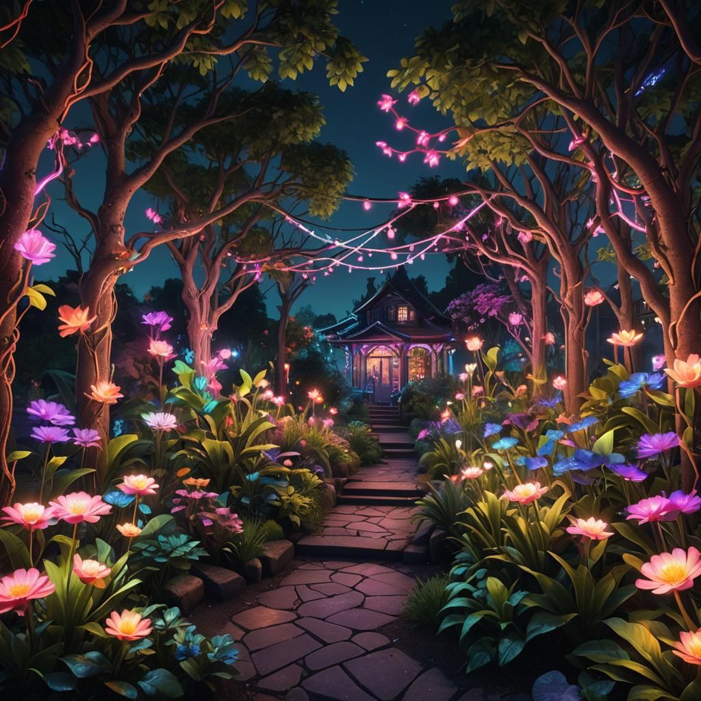 Neon Garden at Night: Detailed Matte Painting