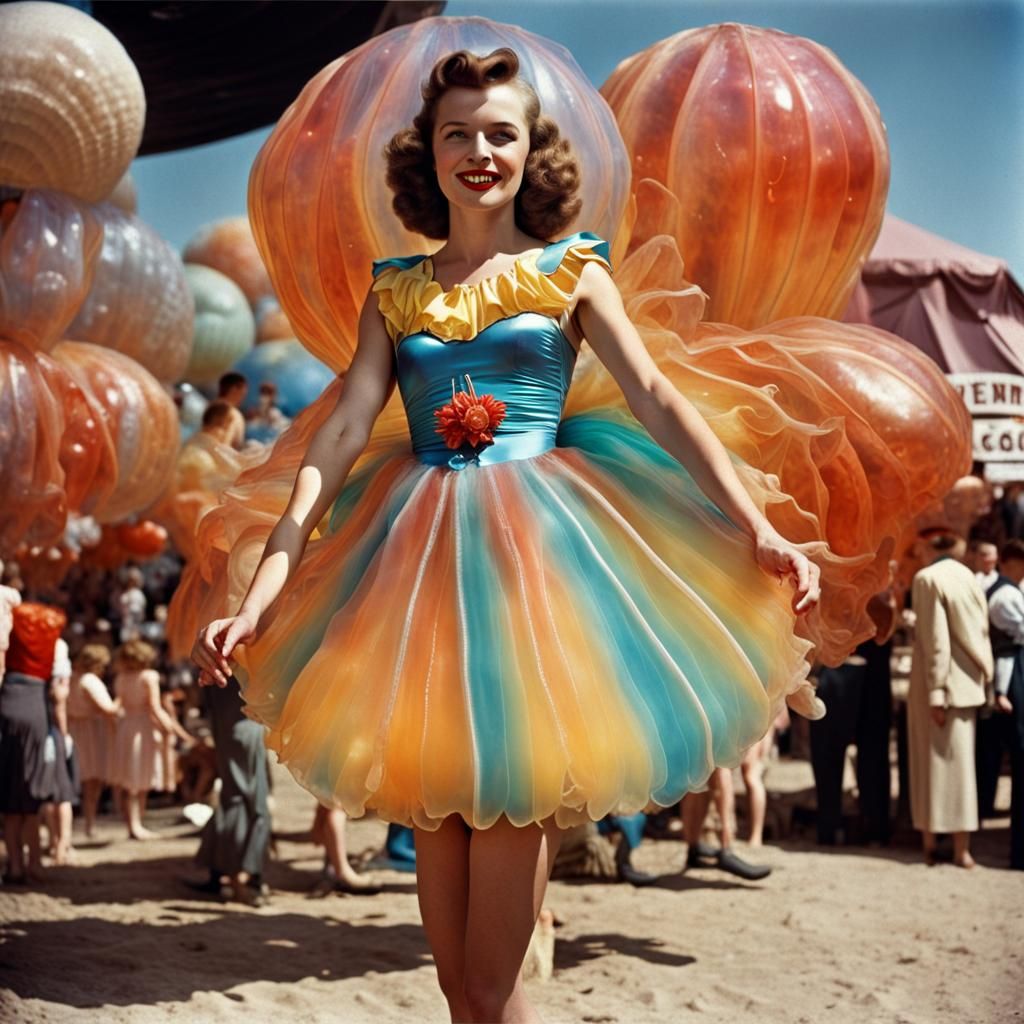 Girl in Jellyfish Costume at Alien Fair, 1940s Photo