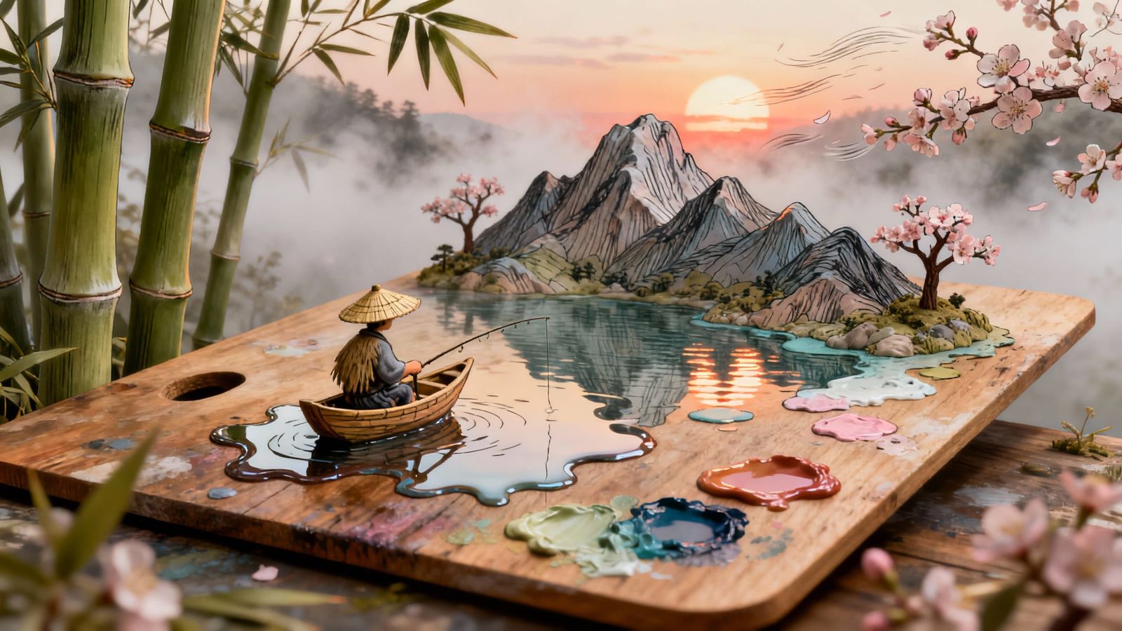 Japanese Fisherman Paints Sunset Landscape