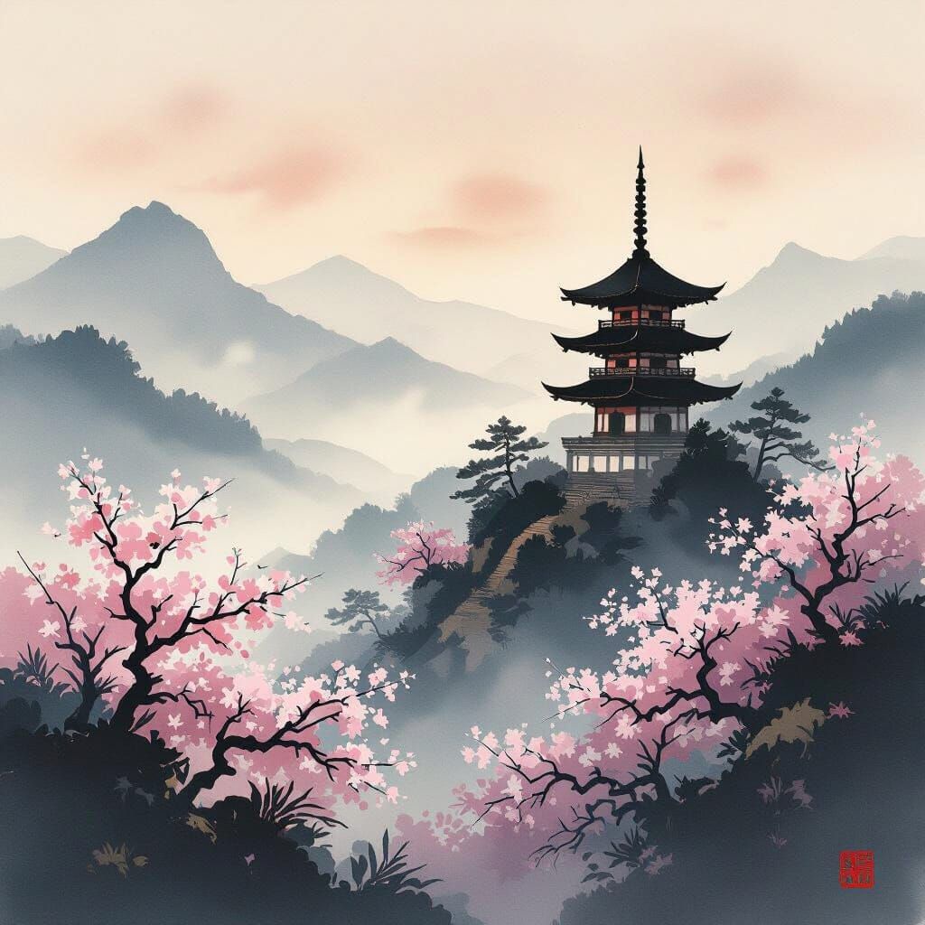 Pagoda on Misty Mountain in Japanese Ink Wash Style