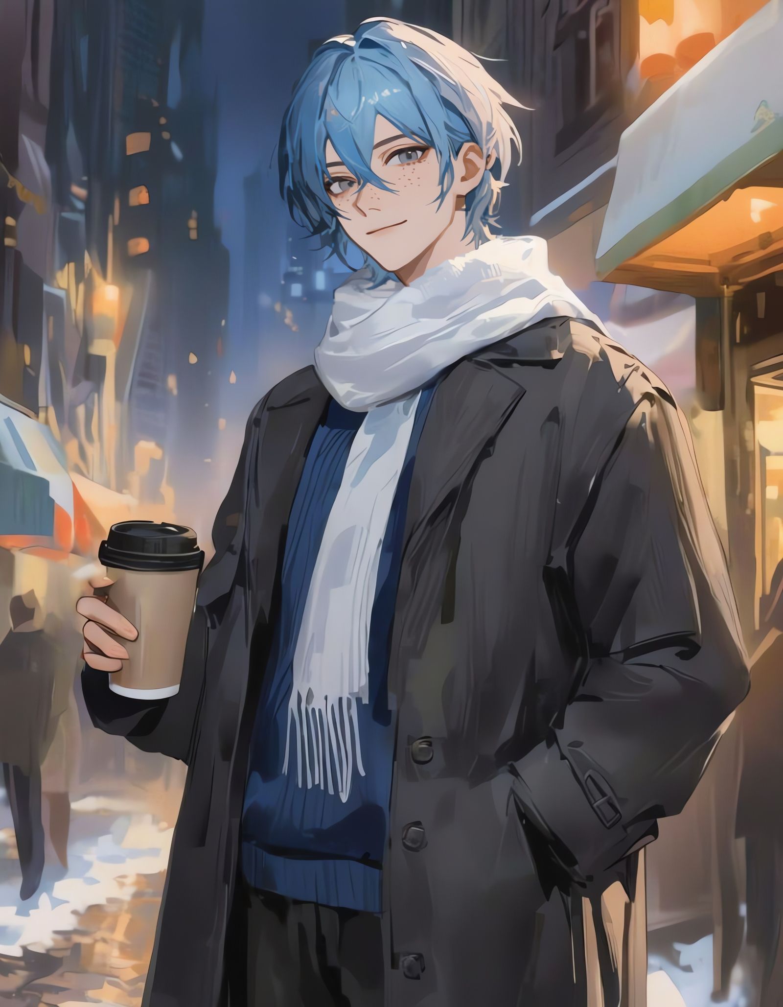 Anime Boy in Snow City Night, Painterly Style