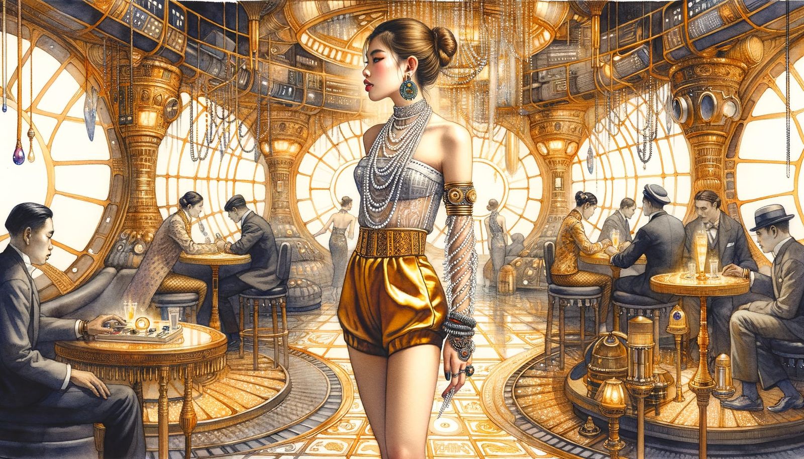 Thai Woman in Space Station, Rackham-Style Illustration