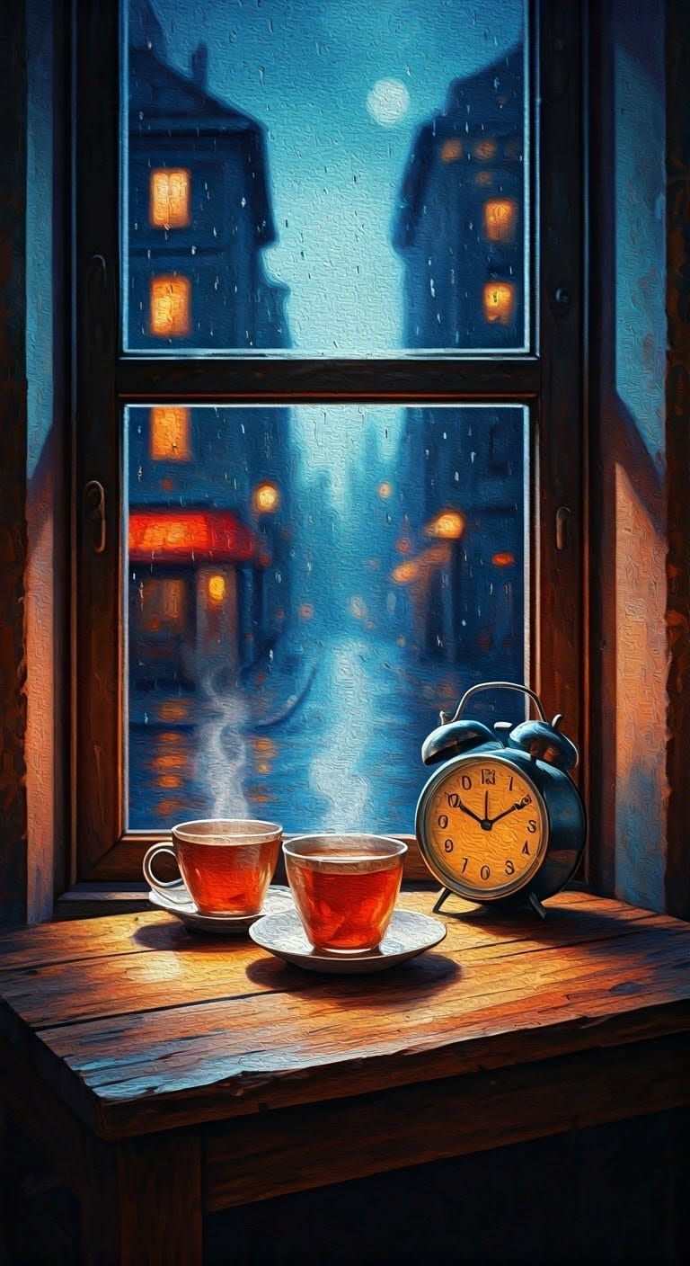 Midnight Serenity: Golden Tea Cups in a Dim Bedroom