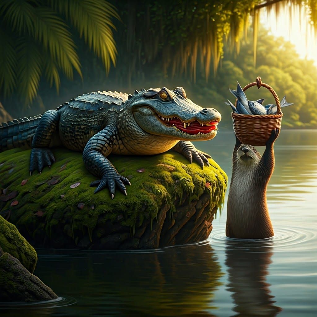 Alligator's Riverbank Lunch: A Fantastical Matte Painting