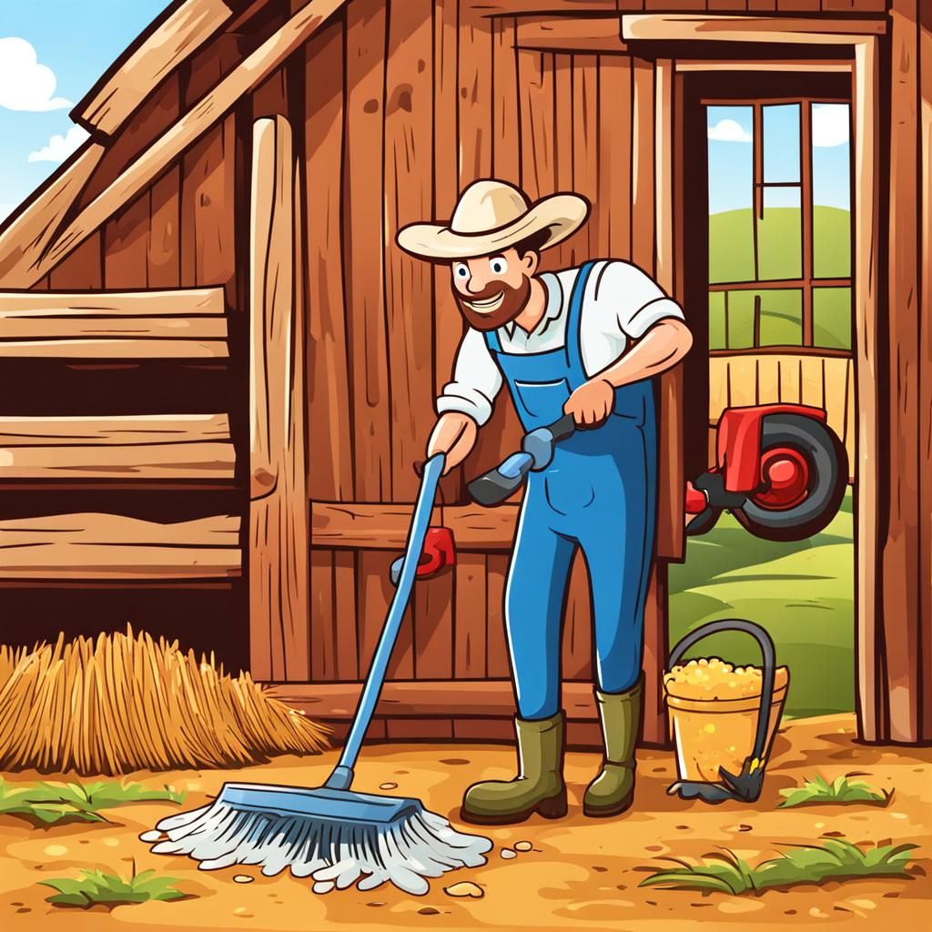 Cartoon Farmer Cleaning Barn Illustration