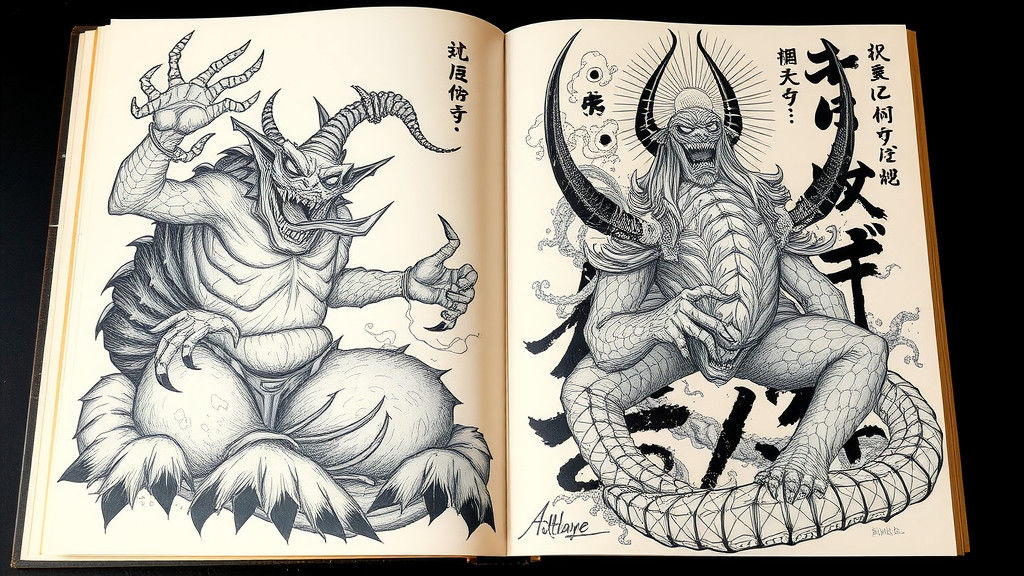 Japanese Monsters and Calligraphy Doodle in Gothic Art