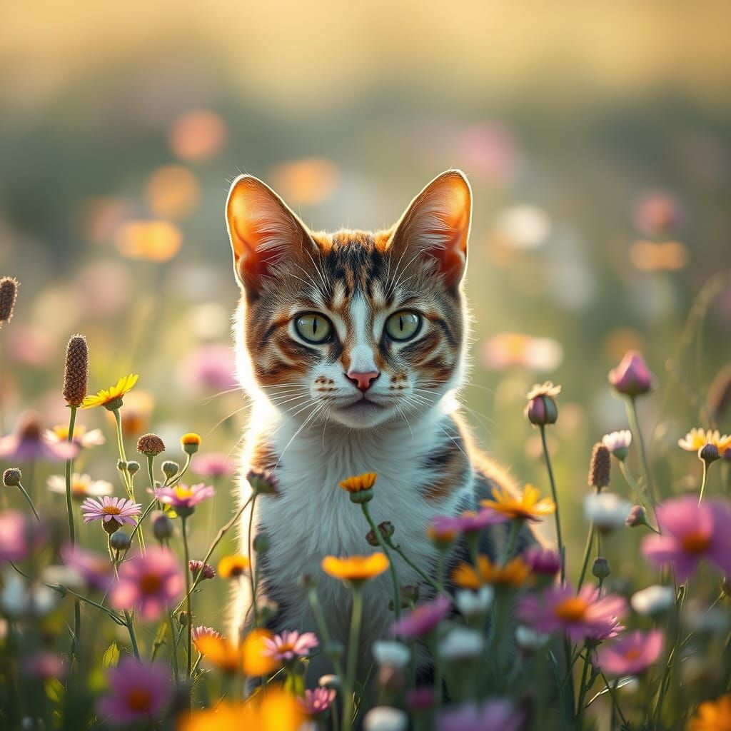 Vibrant Calico Cat Amidst Whimsical Wildflowers in Cosmic Ar...