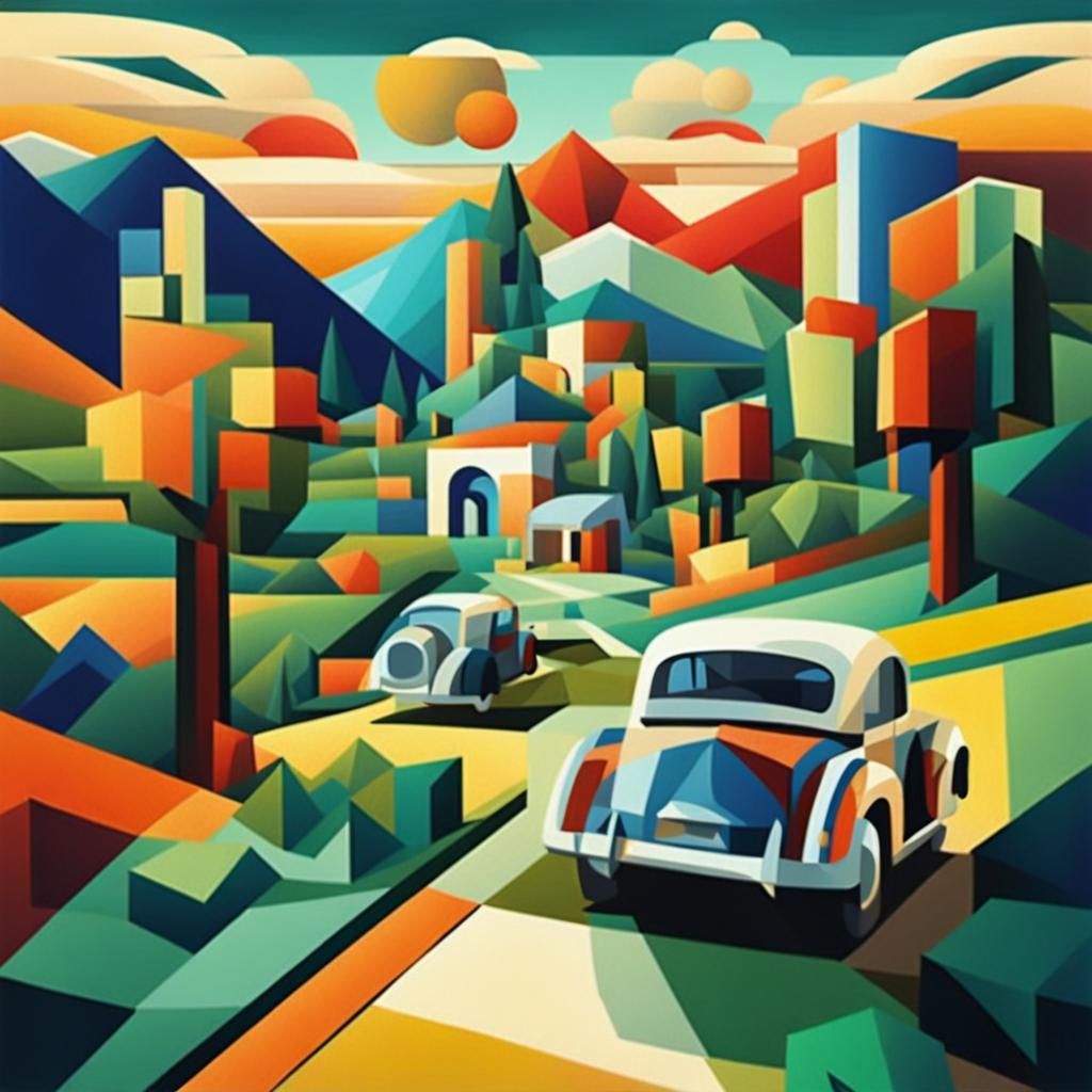 Scenic Drive in Cubist Art Deco Style