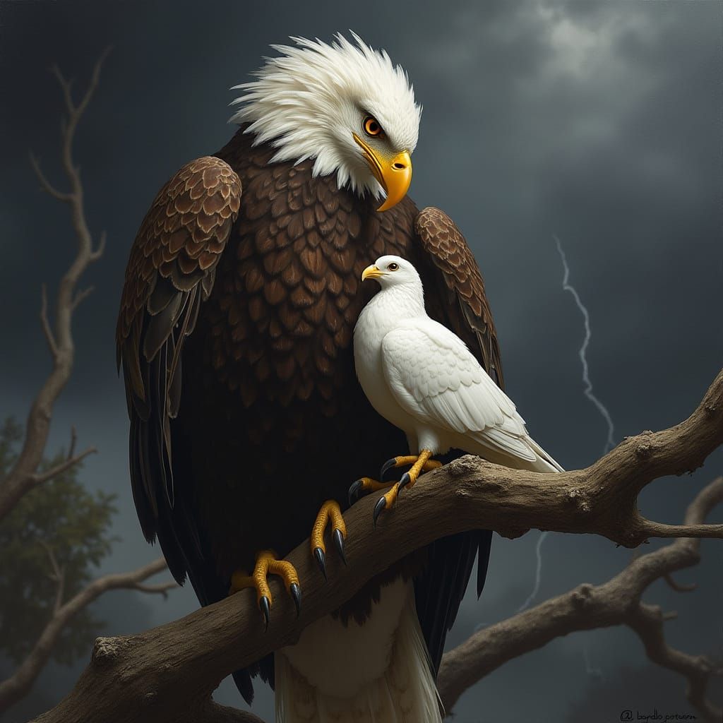 Eagle Protecting Dove in Storm, Wildlife Illustration