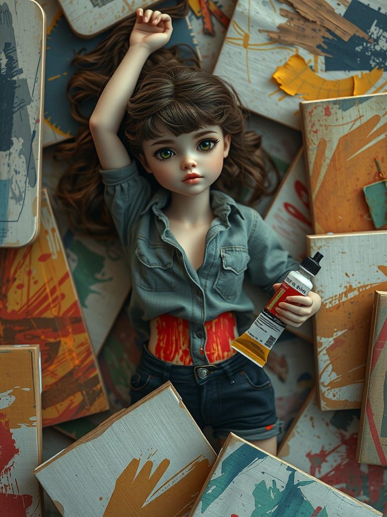 Dreamlike Surrealist Scene of Young Artist-Doll Amidst Vibra...