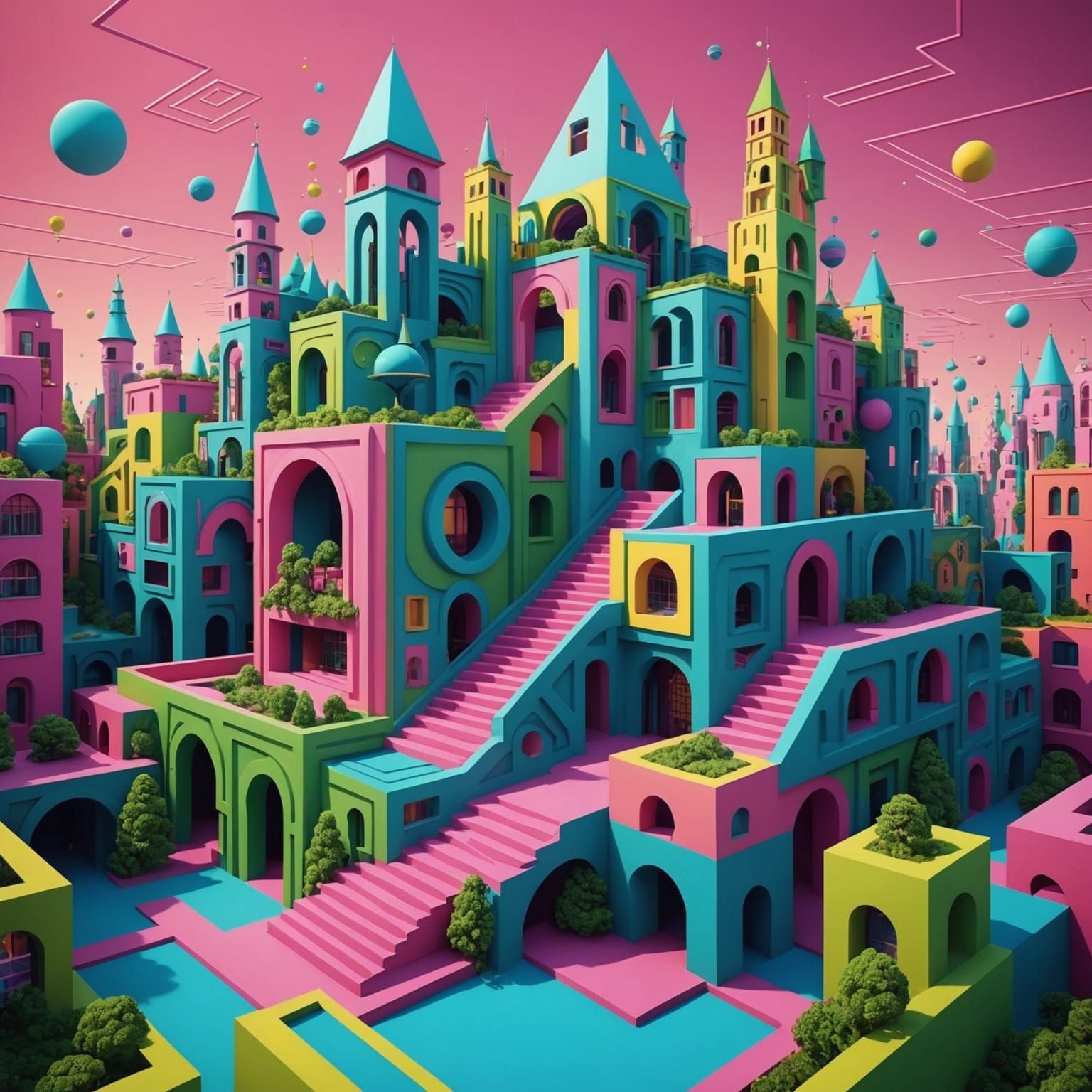 Dreamlike 3D Architectural Wonderland in Dark Fantasy Style