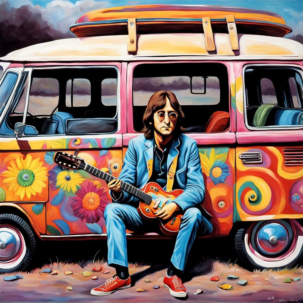 John Lennon Plays Guitar in Front of VW Bulli