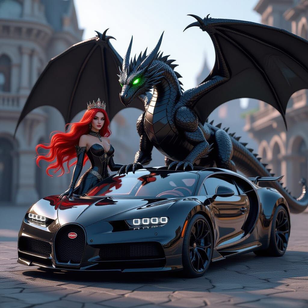 Evil Princess with Dragon and Bugatti in 3D Game Style