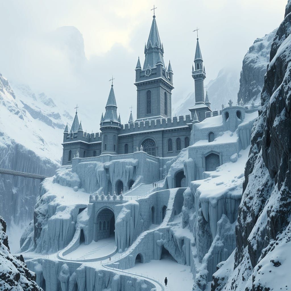 Ethereal Winter Fortress, Half-Buried in Snowy Peaks