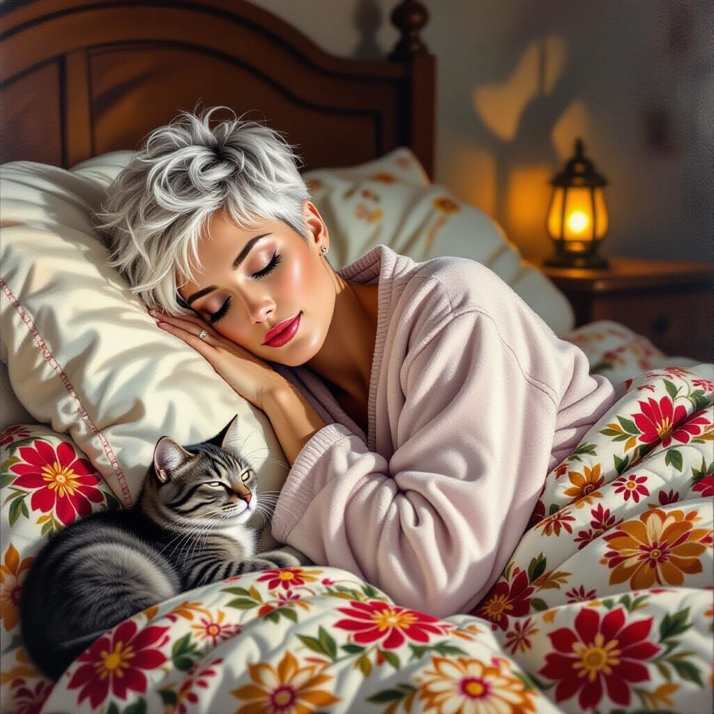 Peaceful Sleep: Woman in Cozy Bedroom with Zhostovo Blanket