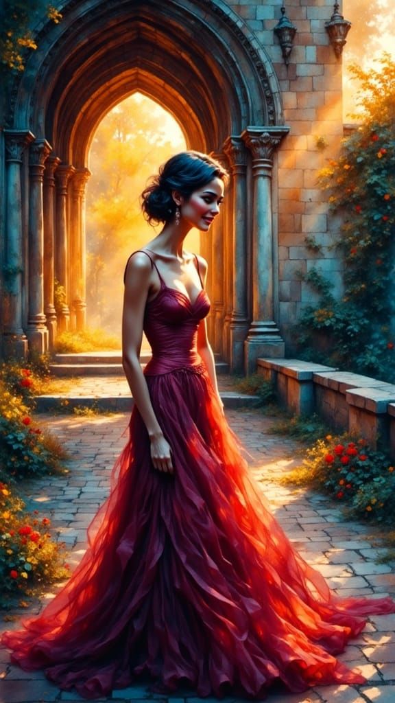 Watercolor Portrait of Woman Before Medieval Temple