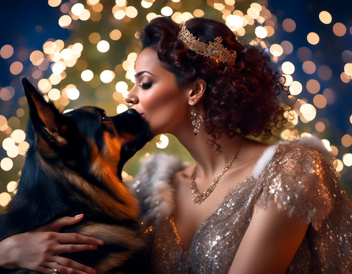 Woman's New Year's Kiss with German Shepherd