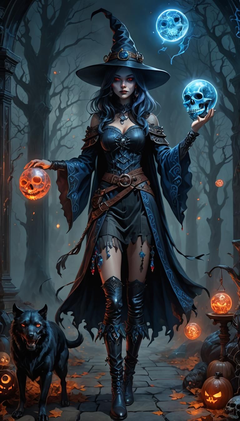 A witch wearing casual blue and black cozy pattern robes sum...