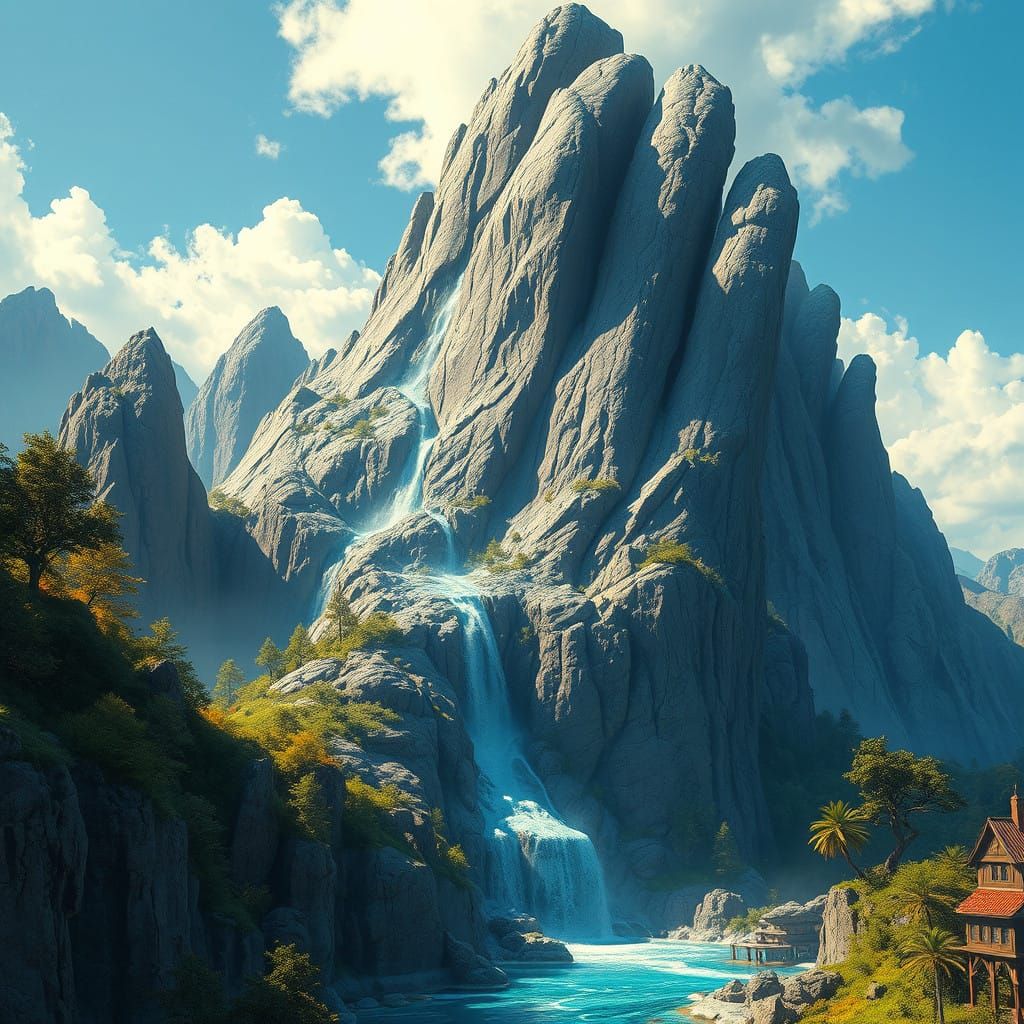 Majestic Granite Mountain with Crystalline Waterfall in a Lu...