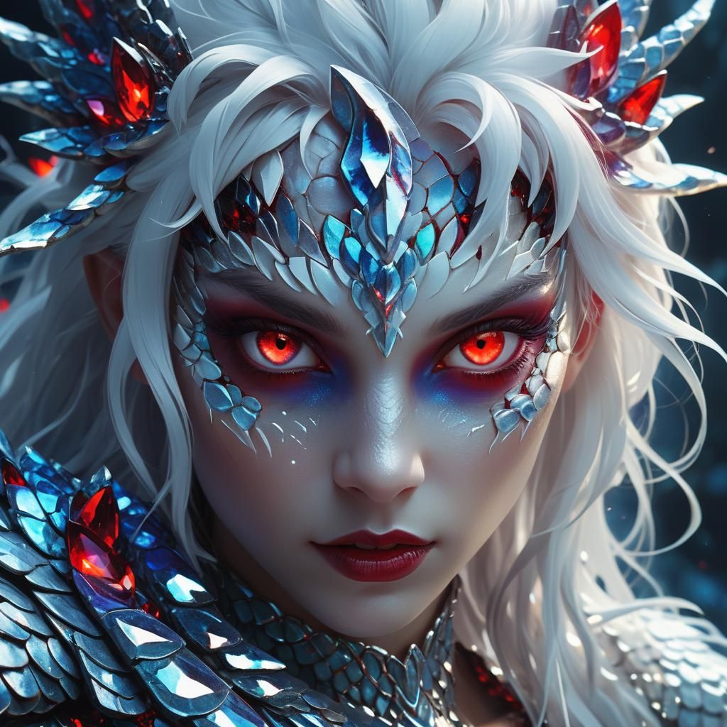 Fierce White Lamia with Crystal - Digital Matte Painting