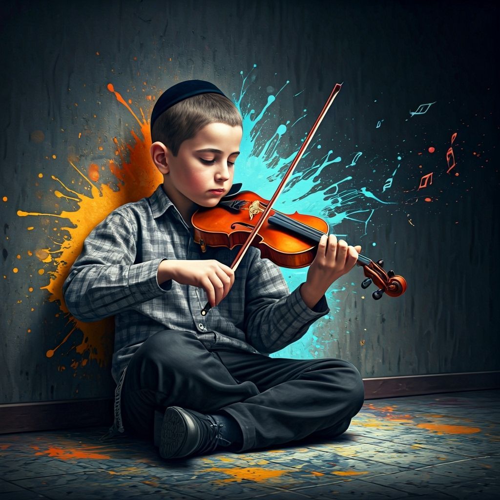 Hasidic Boy Plays Violin Amidst Graffiti Art