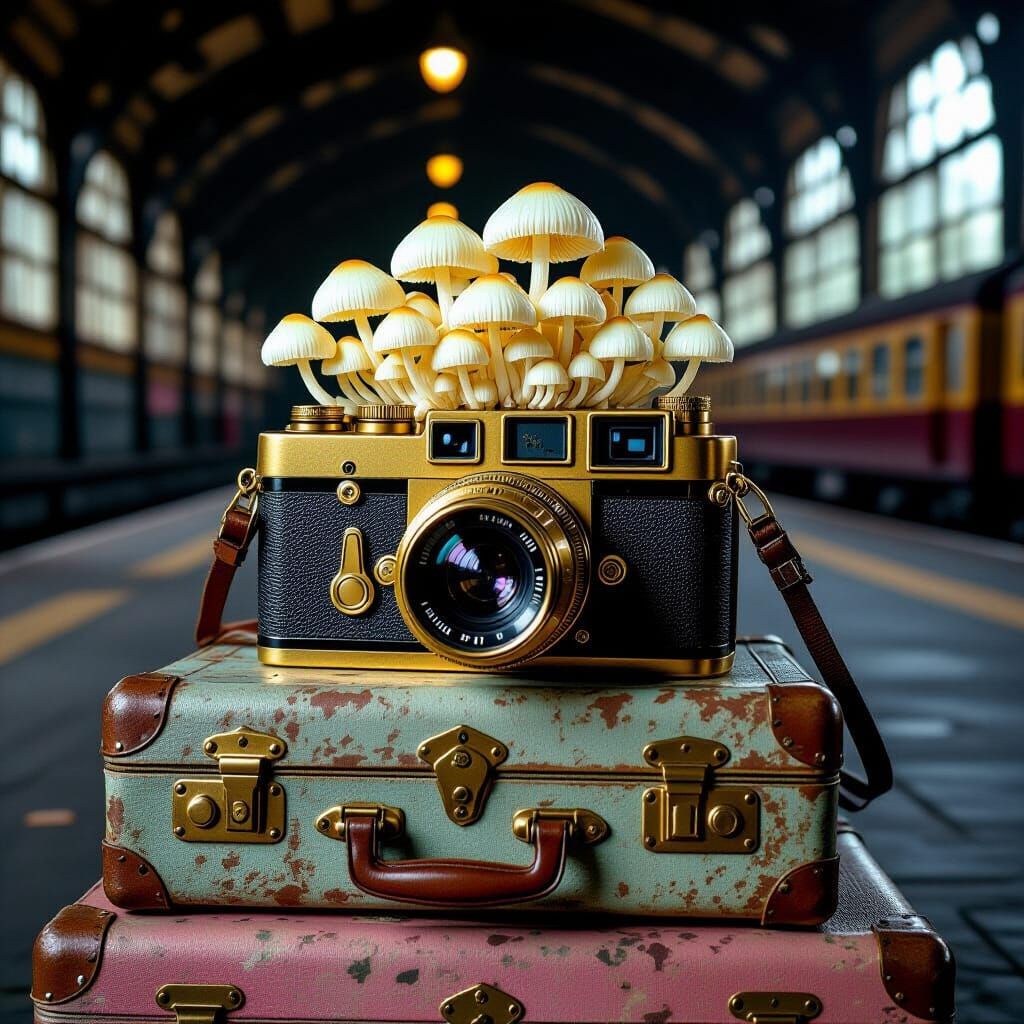 Glowing Mushrooms Sprout From Antique Camera