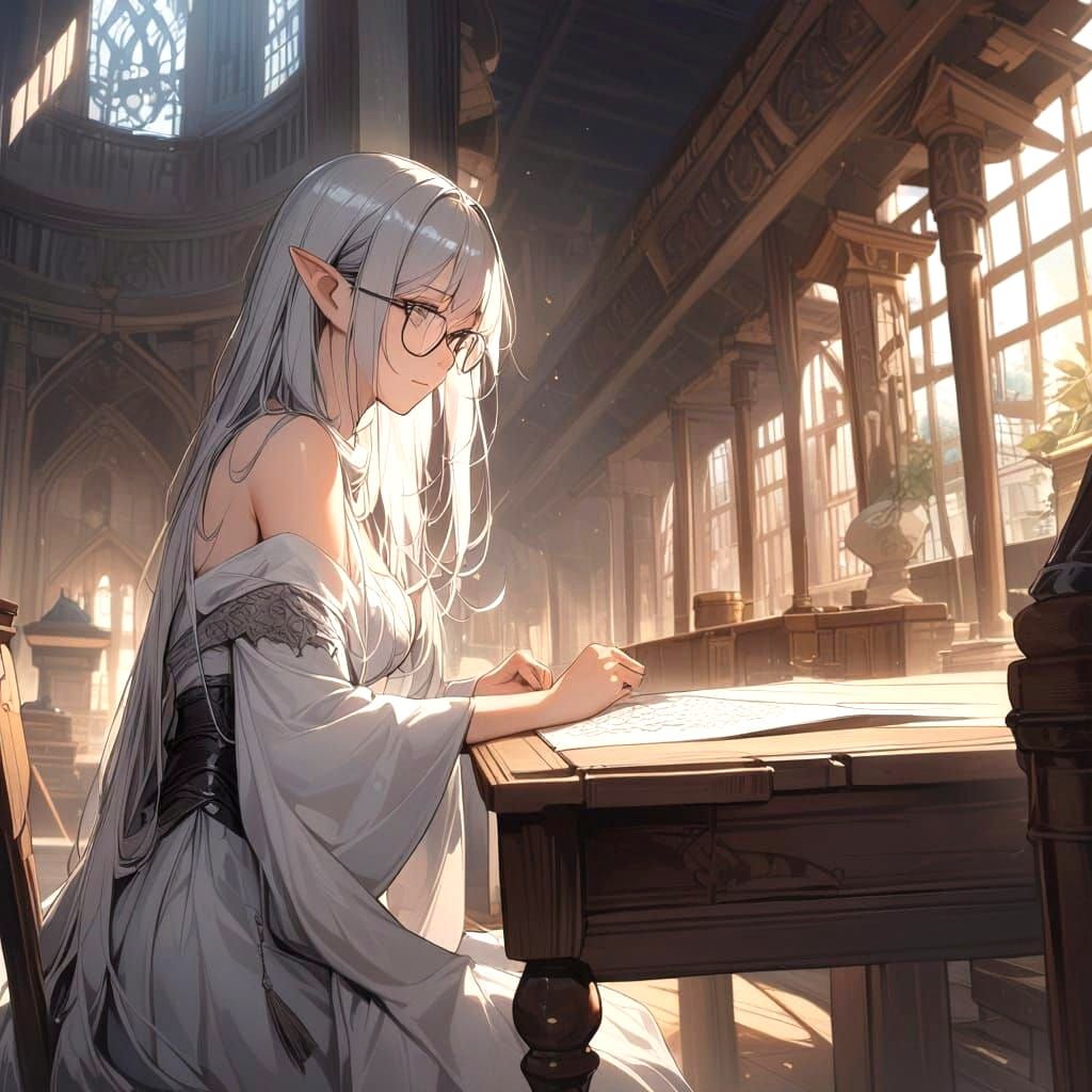 Ethereal Elf Scholar in a Medieval Temple