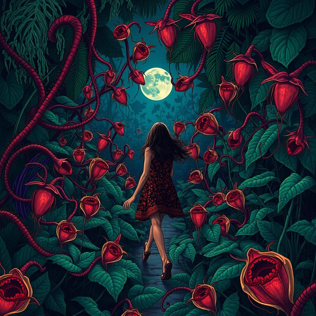 Woman in Carnivorous Garden: Dark Surrealism
