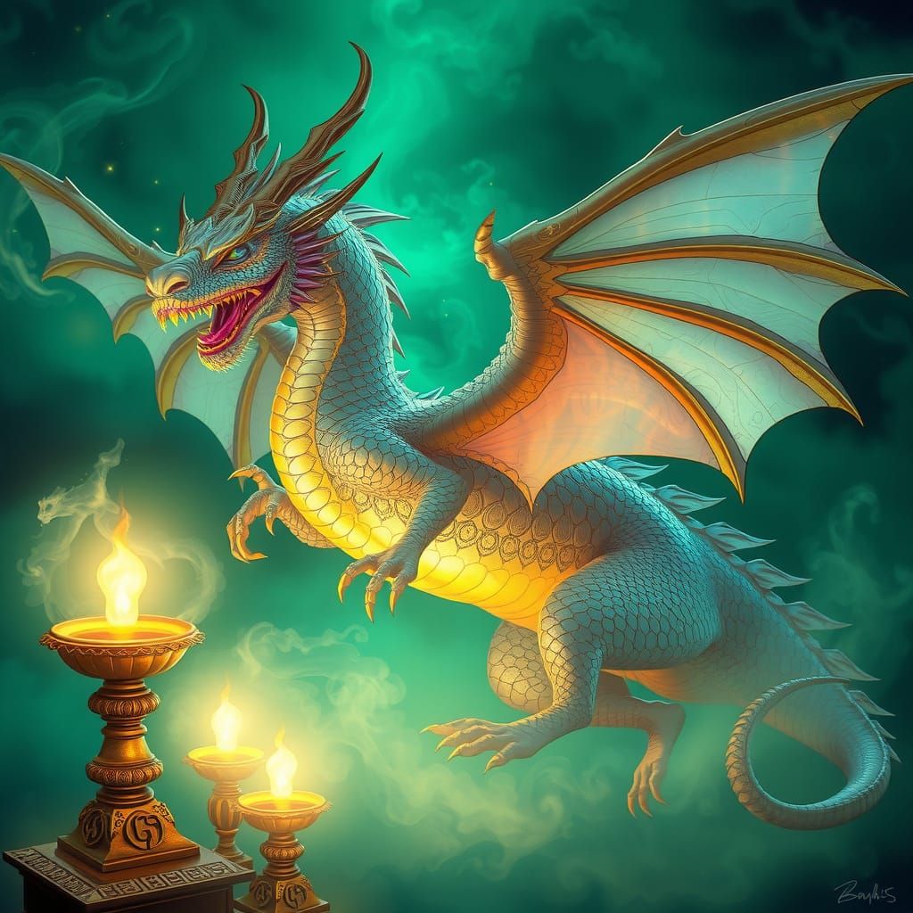 Ethereal Dragon Emerges from Golden Lamp