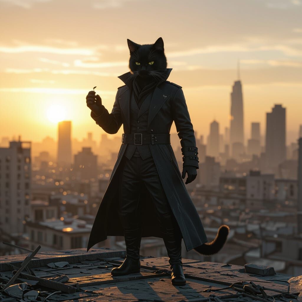 Noir Cat Man with Seed on Rooftop at Sunrise