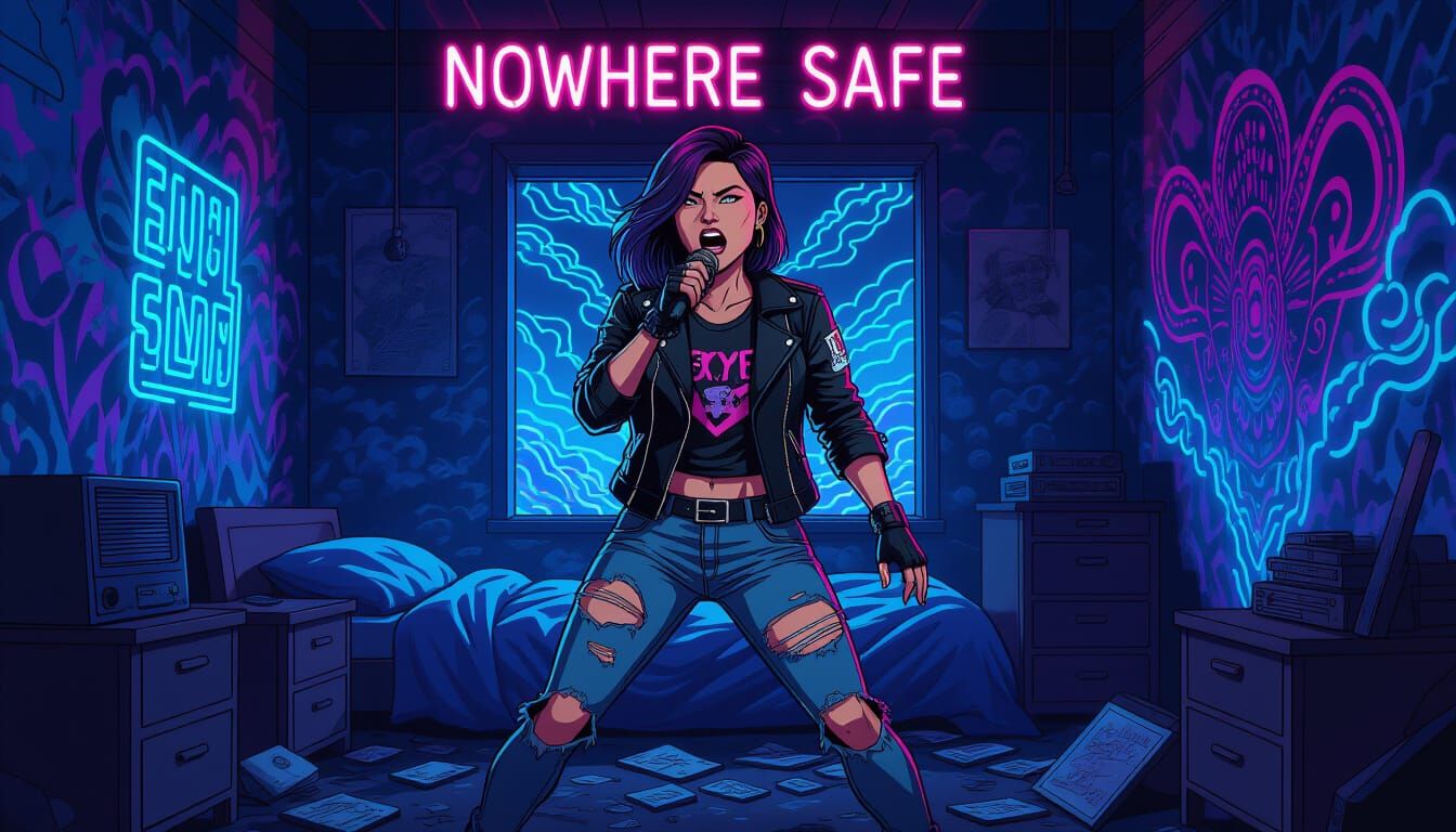 Cyberpunk Tomboy Singer in a Dystopian Bedroom