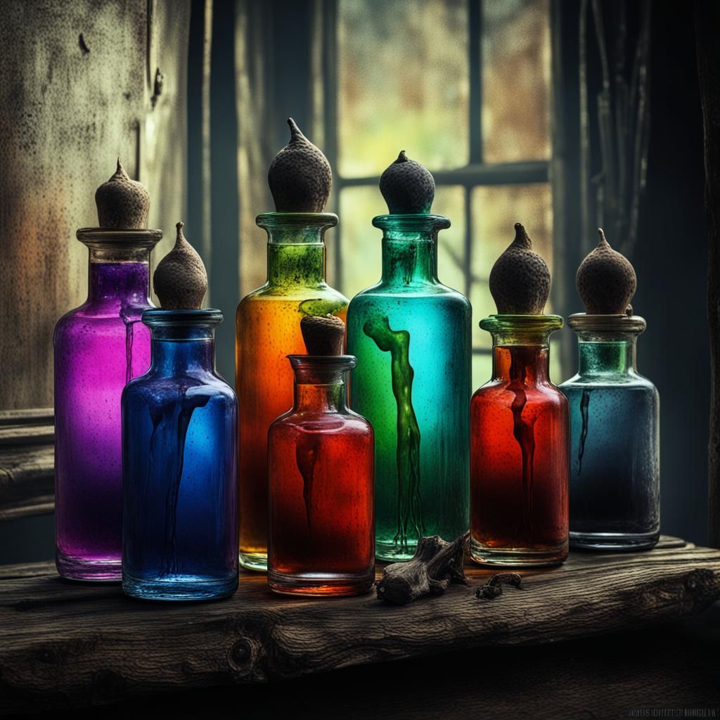 Spooky Witches Potions on Rustic Shelf