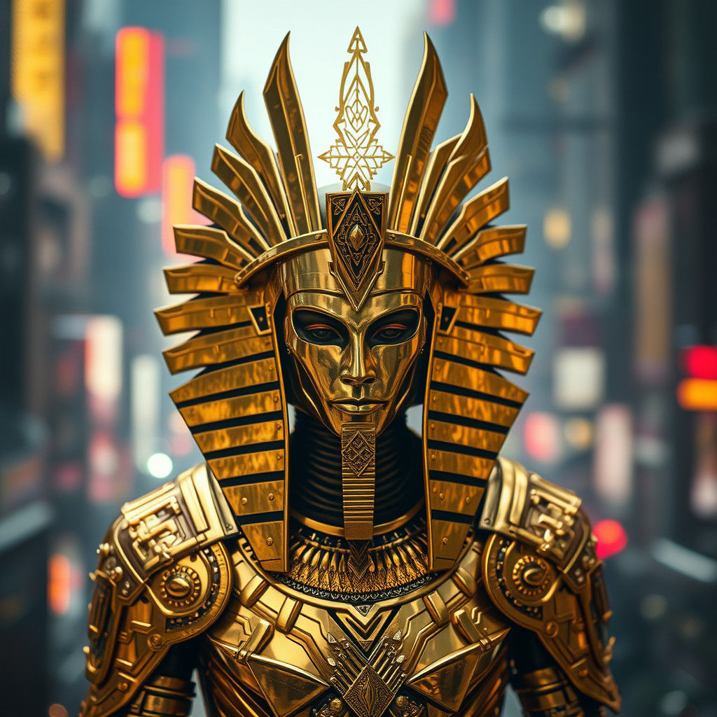 Osiris in Cyberpunk Golden Armor Reflecting Neon Lights