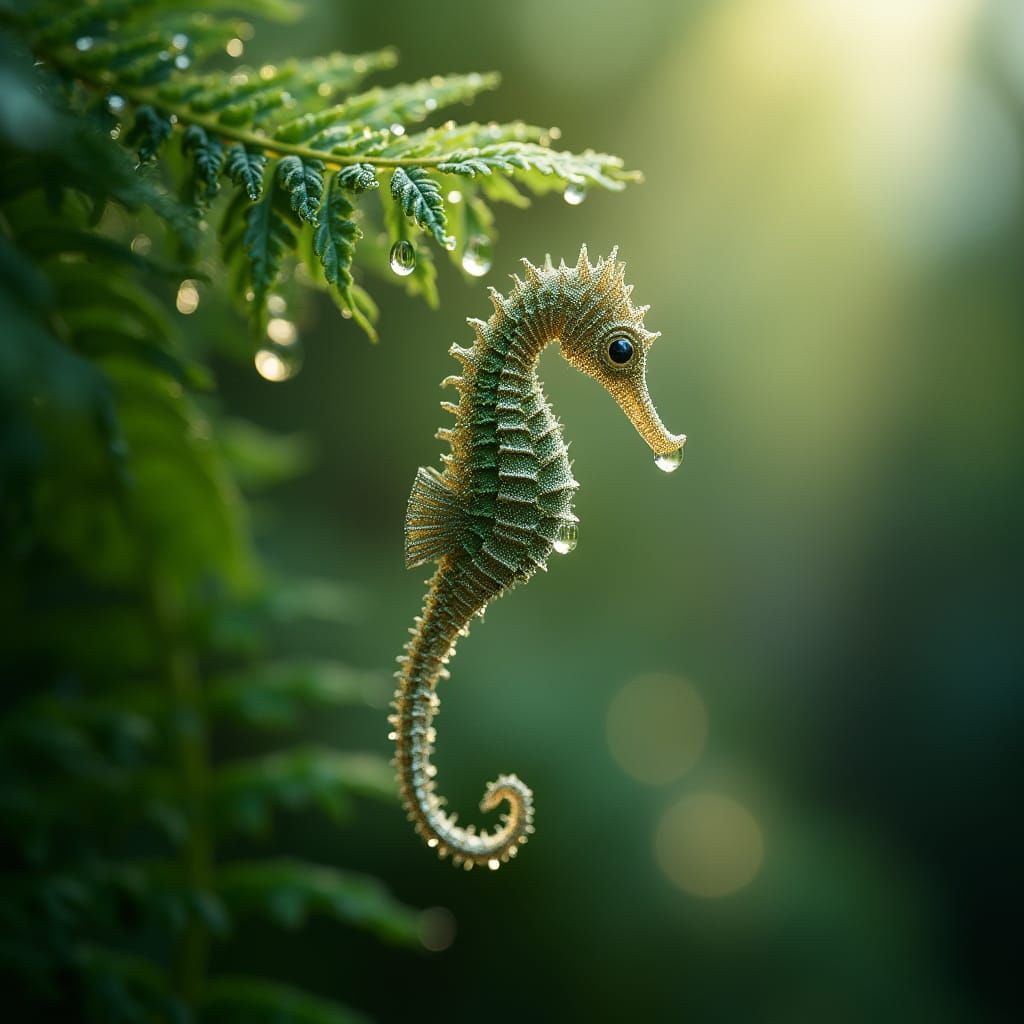 Mechanical Seahorses Reflected in Fern Droplets