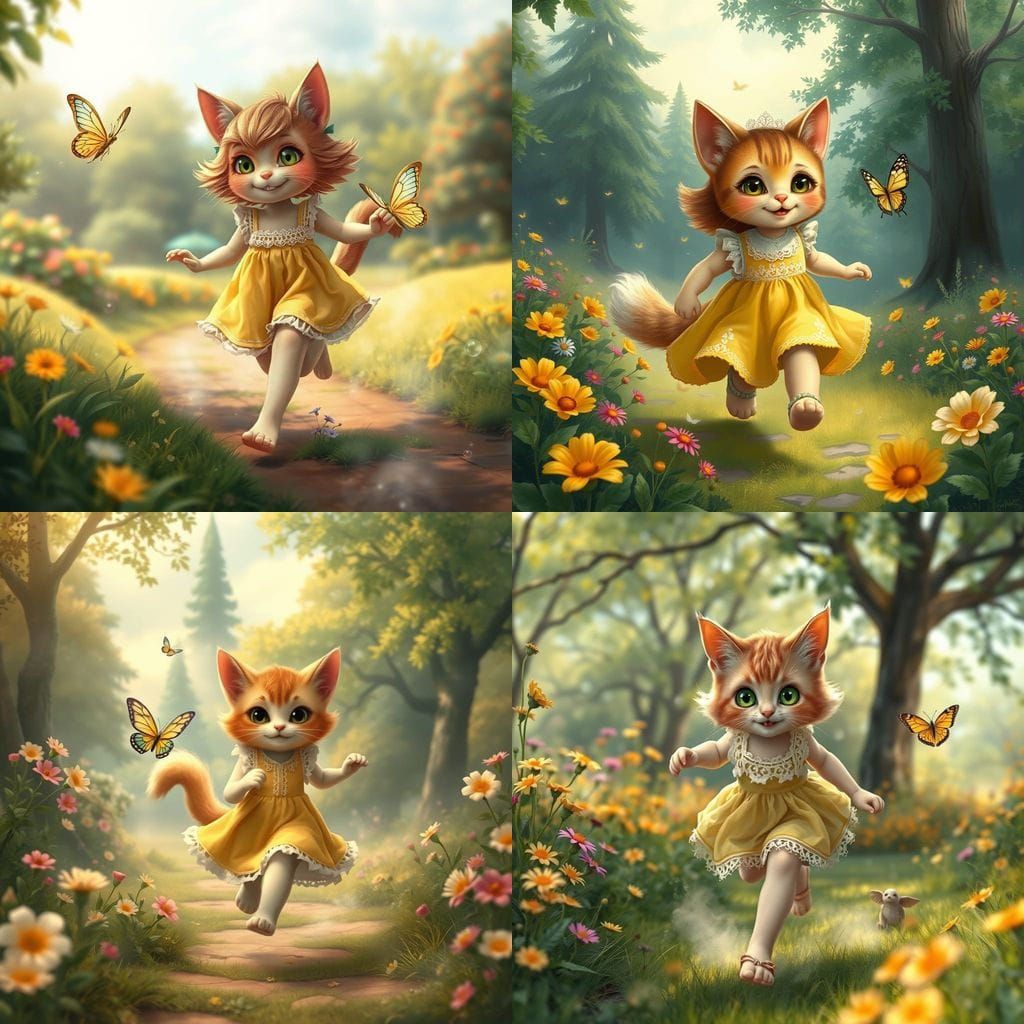 Innocent Cat Girl Chases Butterfly in Enchanted Park Scene