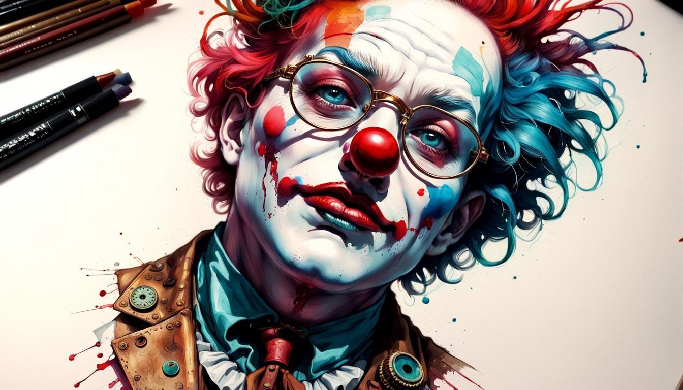 Steampunk Clown with Vibrant Watercolor Splash