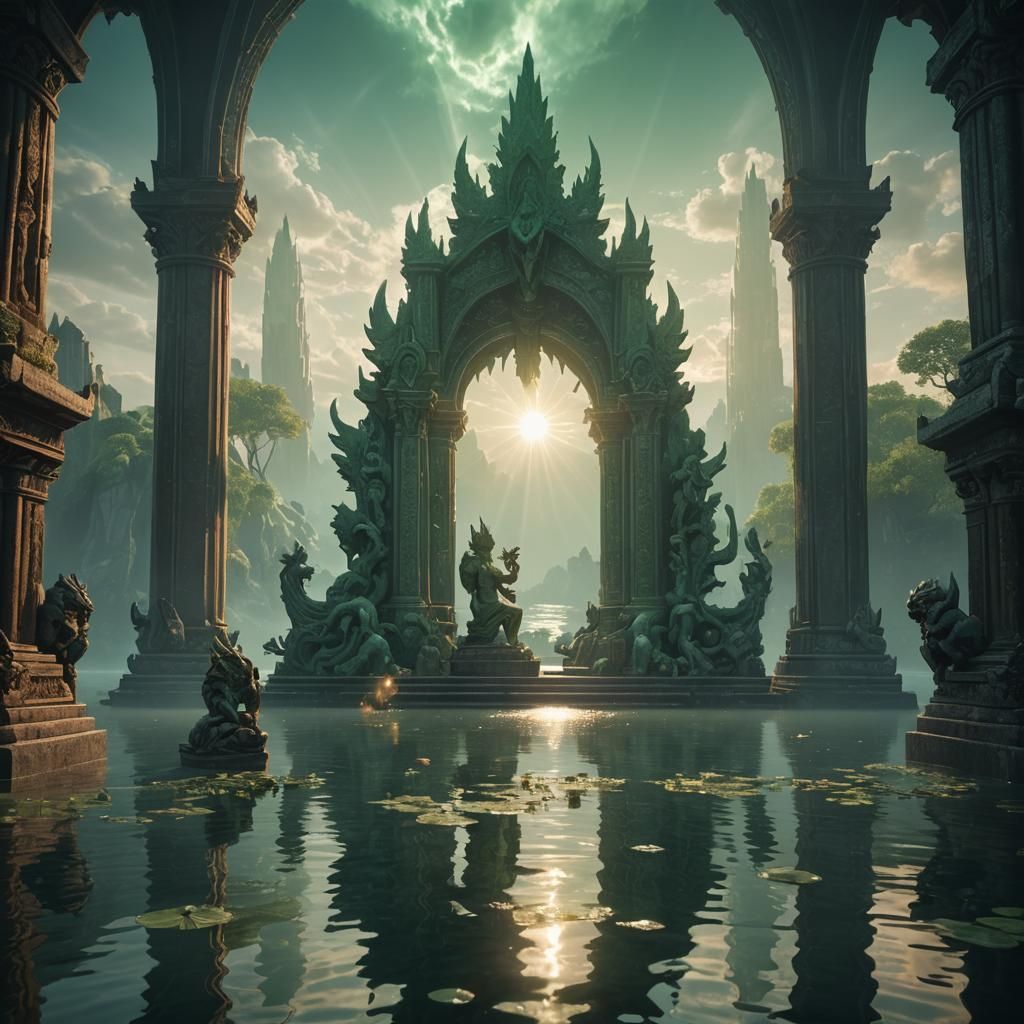 Jade Gargoyles Guard Lakeside Altar in Fantasy Art