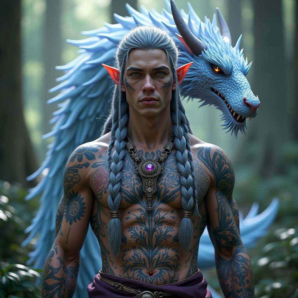 Elf Druid with Dragon in Mystical Wood