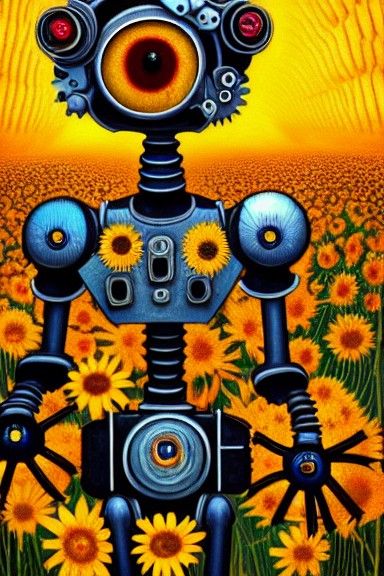 ☀️ flowers - Lots of 🌻!. robotic flowers, with glowing eyes, in a desolate area. steampunk painting, intricate detailed...