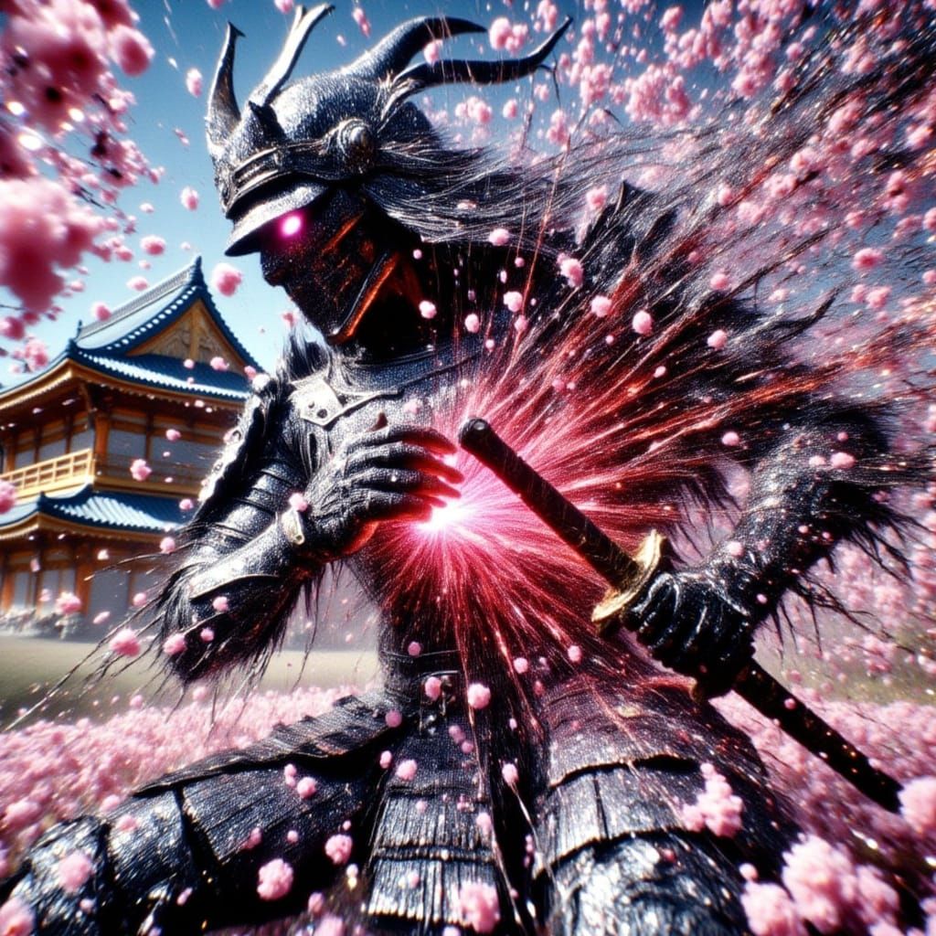 Samurai Disintegrates into Cherry Blossoms in Cyberpunk HDR