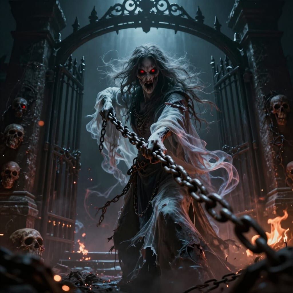 Wicked Ghost Pulling Chain to Hades Gates in Chiaroscuro