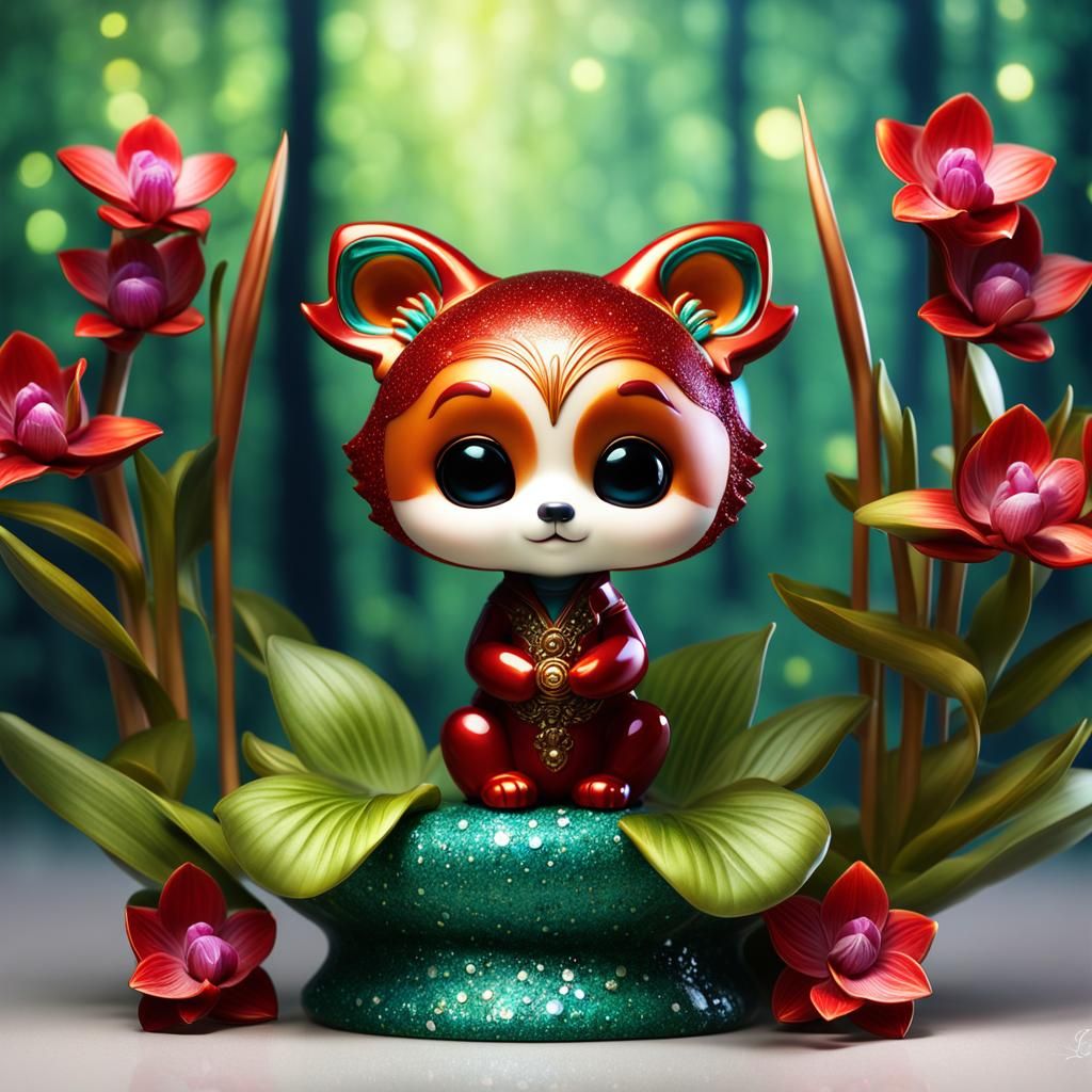 Cute Red Panda Figurine Among Orchid Flowers