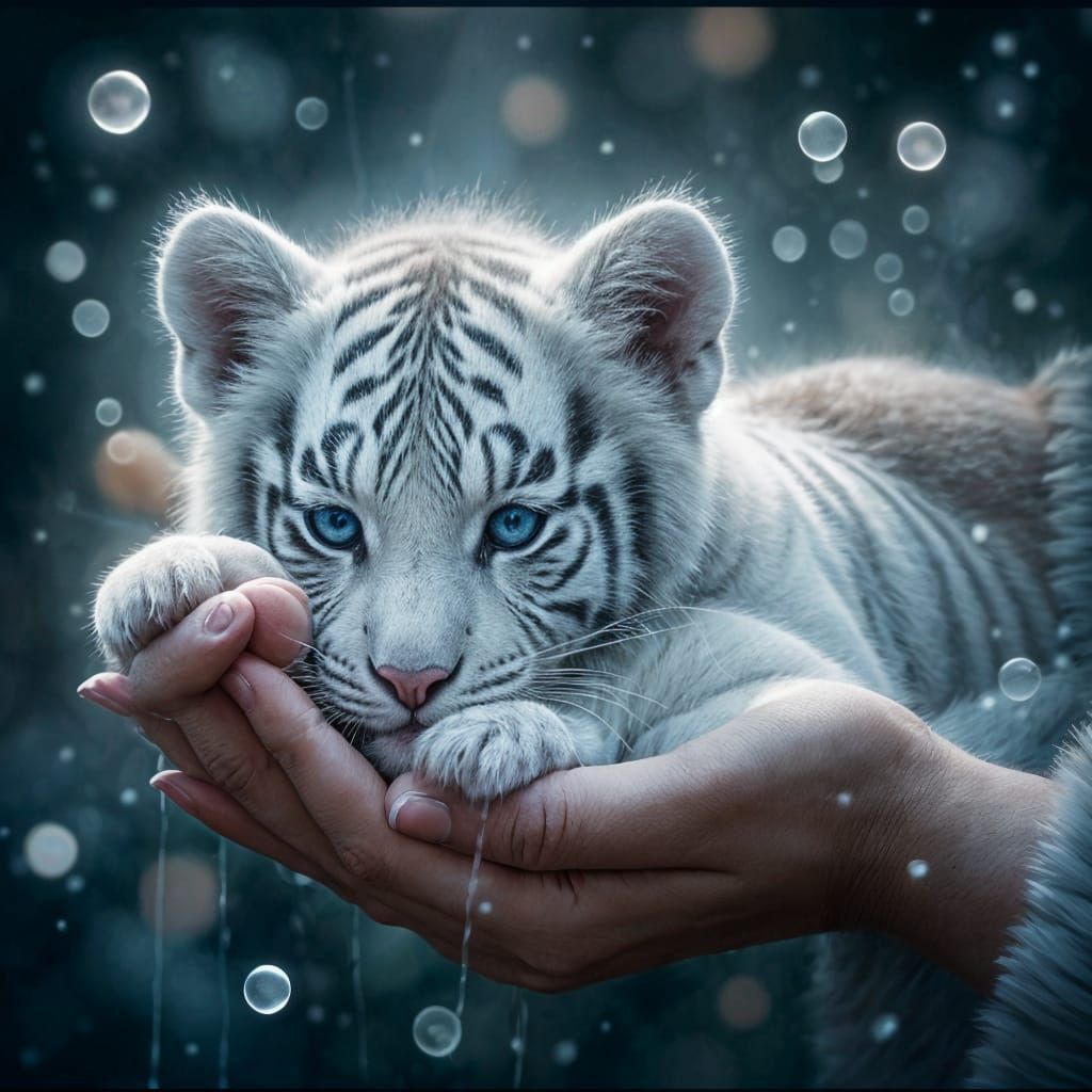 White Tiger Cub in Hands with Ethereal Bubbles