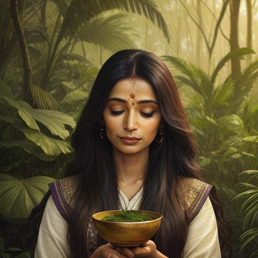 Serene Indian Woman with Herbs: Oil Painting